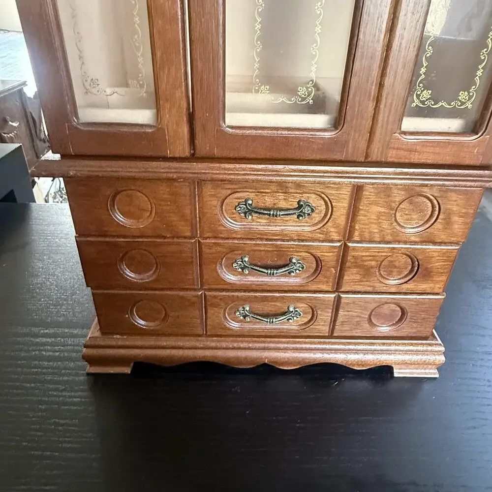Vintage Wooden Jewelry Armoire Box Cabinet Chest Organizer Drawers Glass Doors